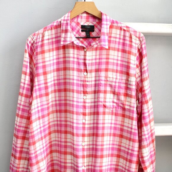 J. Crew Womens Boy Pink Red Madras Plaid Cotton Light Button Down Shirt Size 12 - Picture 3 of 5